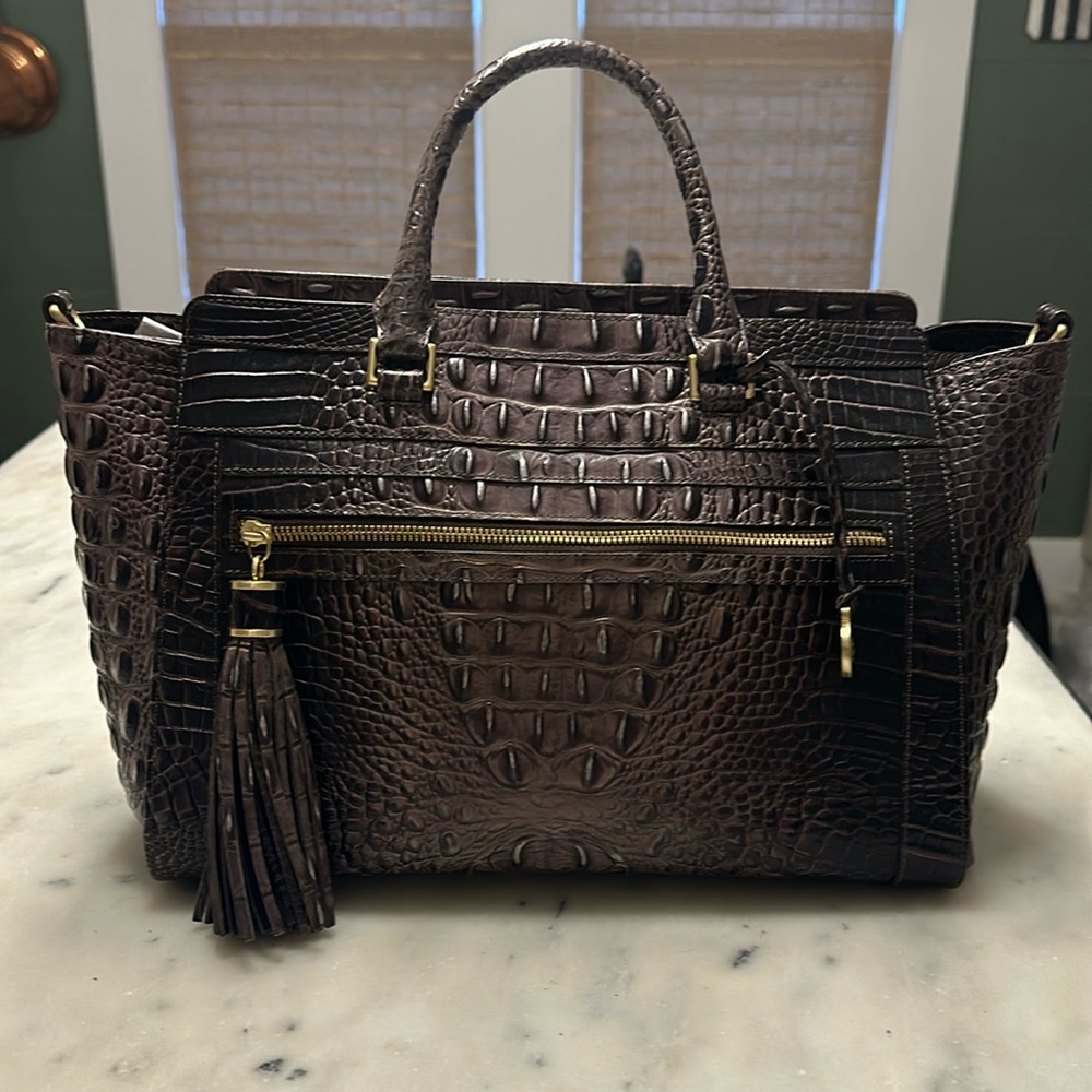 Brahmin purple ombré leather croc trim handbag, shoulder straps. Gold hardware